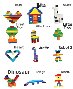 Creative DIY building block set showing 12 different colorful models on white background