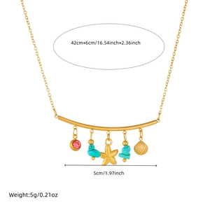 Gold stainless steel starfish and seashell pendant necklace with turquoise beads