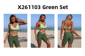 Three-view set of green patchwork bikini top and high-waisted shorts on a sunny beach