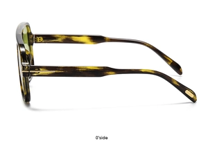 Nahaufnahme der Sonnenbrille in Schildpatt-Optik mit goldenen Metallscharnieren