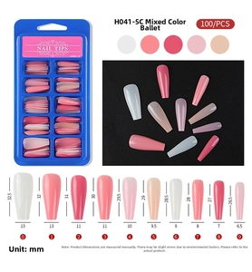 Detailed size chart for ballet-style coffin fake nails showing 10 distinct dimensions