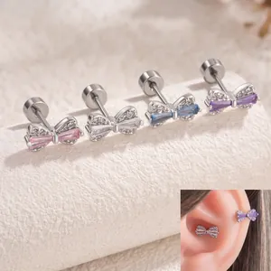 Bowknot Cartilage Stud Earring Titanium Steel With Zircon Inlaid Screw Back Sweet Princess Style Jewelry For Women