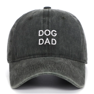 Detail of vintage washed charcoal baseball cap with white Dog Dad embroidery on cotton fabric