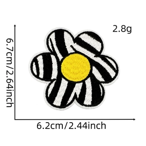 Embroidered black and white striped flower patch with yellow center and dimensions