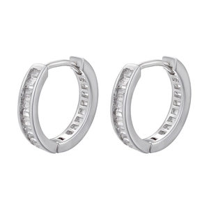 Silver baguette-cut zircon hoop earrings with minimalist high-shine polished finish