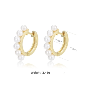 Detail of 925 sterling silver gold hoops with white pearls showing 13mm outer diameter