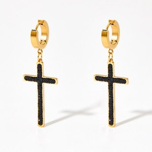 Punk style gold stainless steel hoop earrings with black rhinestone cross pendants