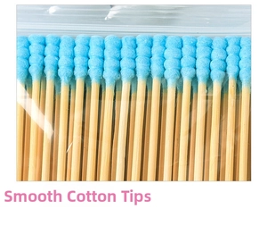 Detail of blue spiral cotton swabs with eco-friendly wooden sticks in clear bag