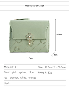 Detailed view of the multi-slot light green trifold wallet with floral stitching and pendant