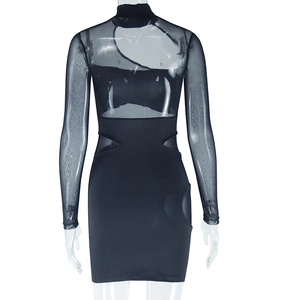 Detail of sheer mesh paneling and side cutout on a sexy black bodycon mini dress