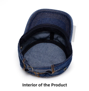 Detail of denim cadet hat interior featuring contrast stitching and adjustable metal buckle