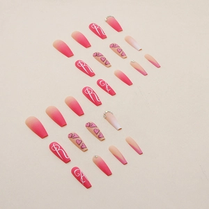 Long ballet gradient press-on nails with pink glitter, heart design and letter R accents