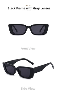 Front and side views of vintage black rectangular sunglasses with grey lenses and thick frame