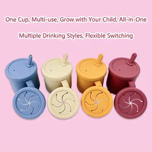Baby silicone training cup set with straw and snack lids in four soft colors