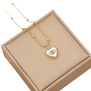 Bohemian gold evil eye heart pendant necklace with natural stone on jewelry box