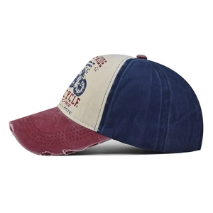 Vintage three-color patchwork baseball cap with motorcycle print and distressed brim