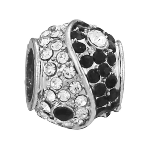 Silver bead with black and white rhinestones for DIY charm bracelets and jewelry making