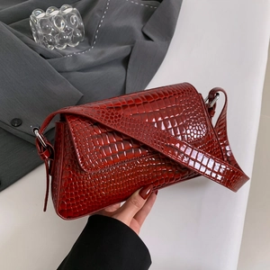 Women Underarm Bag Crocodile Pattern PU Leather Flap Shoulder Handbag Trendy Street Style Versatile Solid Color Glossy