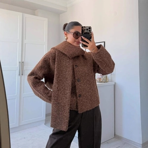 Brown boucle short wool coat with integrated scarf collar design for elegant winter style