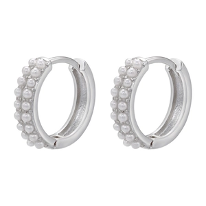 Elegant 18k gold plated hoop earrings featuring three rows of polished white pearls