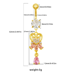 Detailed size specifications for a gold heart navel ring with pink marquise zircon