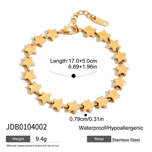 Detailed view of gold stainless steel star bracelet showing length of 17cm plus 5cm extender