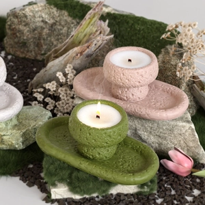 Textured resin tray and candle holder set with natural stone patterns and mossy accents