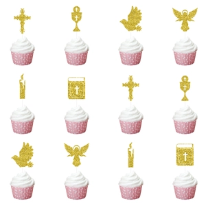 Gold glitter religious cake toppers featuring cross, angel, and dove for baptism events