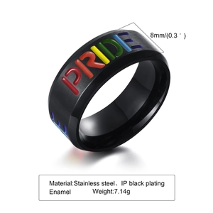 Men's black stainless steel ring with colorful rainbow Pride enamel engraving