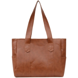 Minimalist brown PU leather tote bag with large capacity and dual handles for women