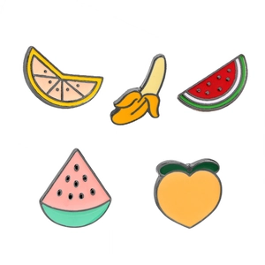 Five-piece set of cartoon fruit enamel pins including watermelon, banana, lemon and peach