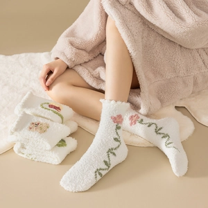 Thick coral fleece winter socks with floral embroidery for warm home comfort