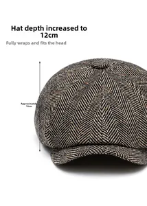 Detail view of tweed newsboy cap showing 12cm crown depth and herringbone texture