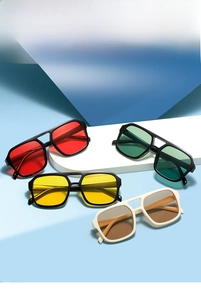 Macro display of candy-colored square sunglasses with a retro double bridge frame design
