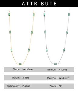 Detail view of 925 silver necklace featuring green CZ stones and plating texture