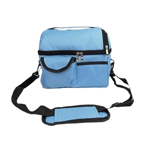 Blue thickened double-layer insulated lunch bag with front pocket and adjustable shoulder strap