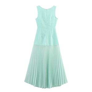 Mint green sleeveless tweed dress with pleated hem and textured knit for women