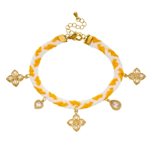 Handwoven gold-plated braided chain bracelet with crystal floral and teardrop charms