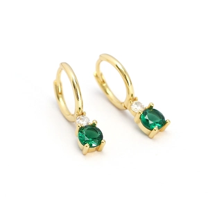 Créoles en argent 925 doré avec zircon vert émeraude et petits cristaux blancs