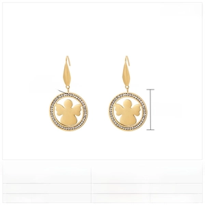 Detail view of 24mm stainless steel round earrings featuring angel silhouette and rhinestones
