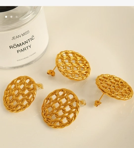Detail of elegant gold-plated titanium steel earrings with unique mesh chain link design