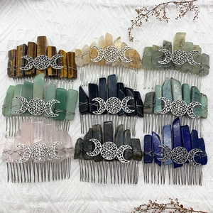 Natural Crystal Hair Comb Raw Stone Shards Triple Moon Goddess Handmade Wire Wrapped Bohemian Wedding Hairpiece Women