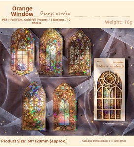 Macro detail of retro stained glass window PET stickers with gold foil laser finish