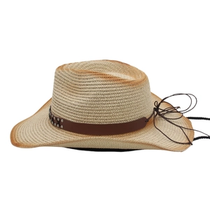 Detailed side view of straw cowboy hat with brown faux leather band and silver metal studs