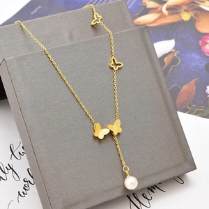 Butterfly Artificial Pearl Tassel Necklace Gold Plated Titanium Steel Elegant Minimalist Delicate Jewelry Gift For Women