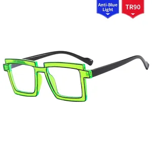 Neon green TR90 square frame glasses with black temples and blue light blocking lenses
