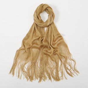 Elegant gold metallic mesh scarf wrap with long fringes for summer bikini or evening dresses
