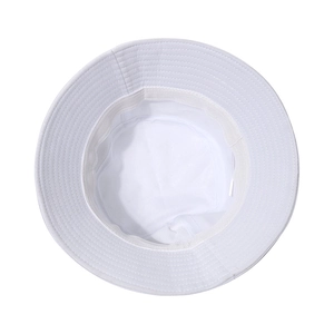 White cotton bucket hat featuring internal sweatband and high-quality stitching detail