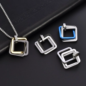Hip-hop titanium steel interlocking square pendants in gold, silver, black, and blue finishes