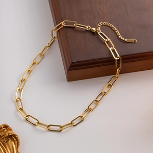 Collier à maillons trombone épais en acier inoxydable plaqué or avec fermoir mousqueton